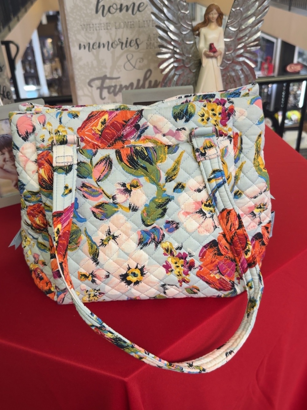 Vera Bradley Quilted Floral Tote in Light Blue with Multicolor Blooms
